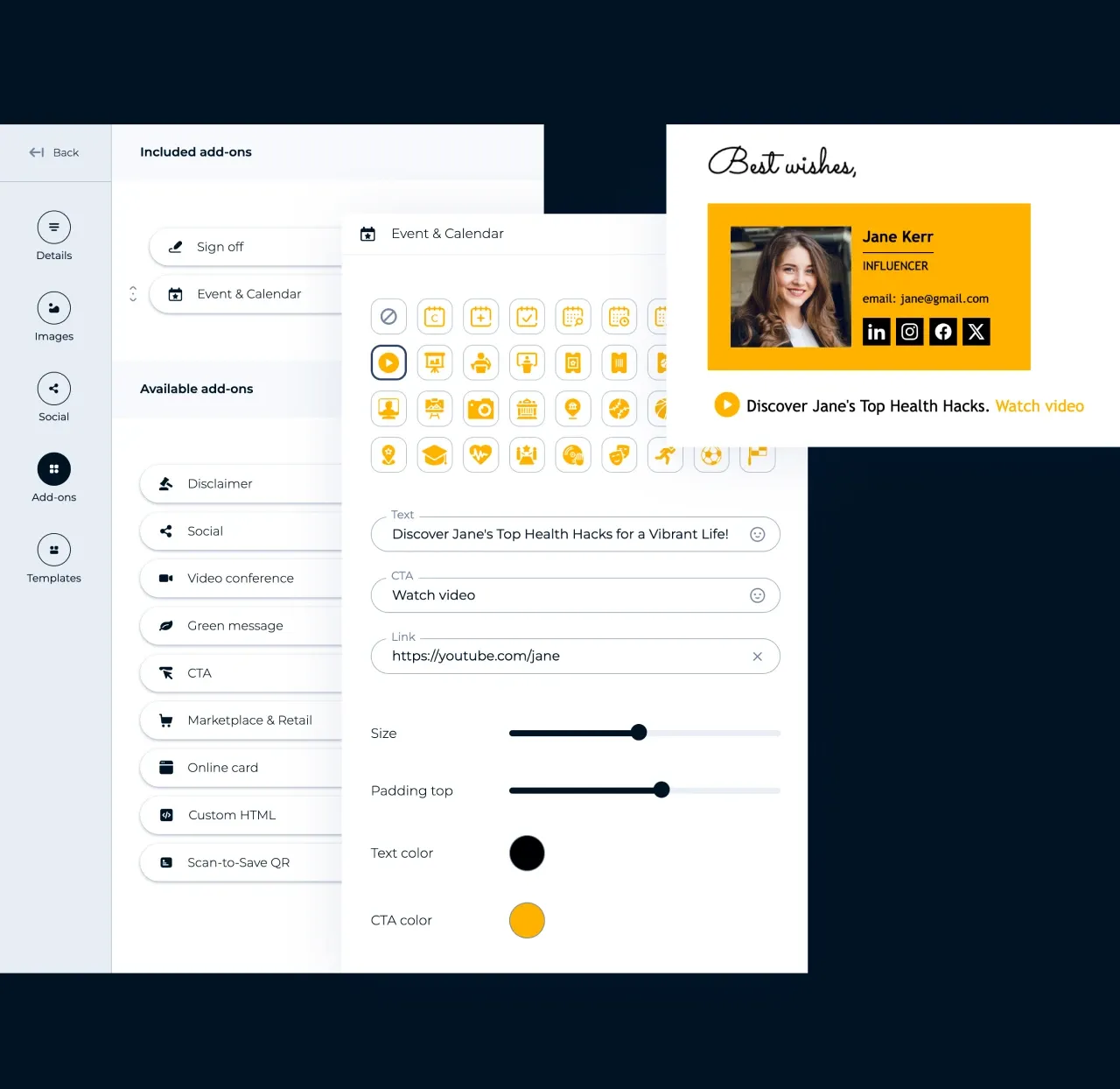 MySignature-Editor: die Liste der Add-ons für E-Mail-Signaturen sowie ein Add-on für Veranstaltungen und Kalender mit einem Videolink
