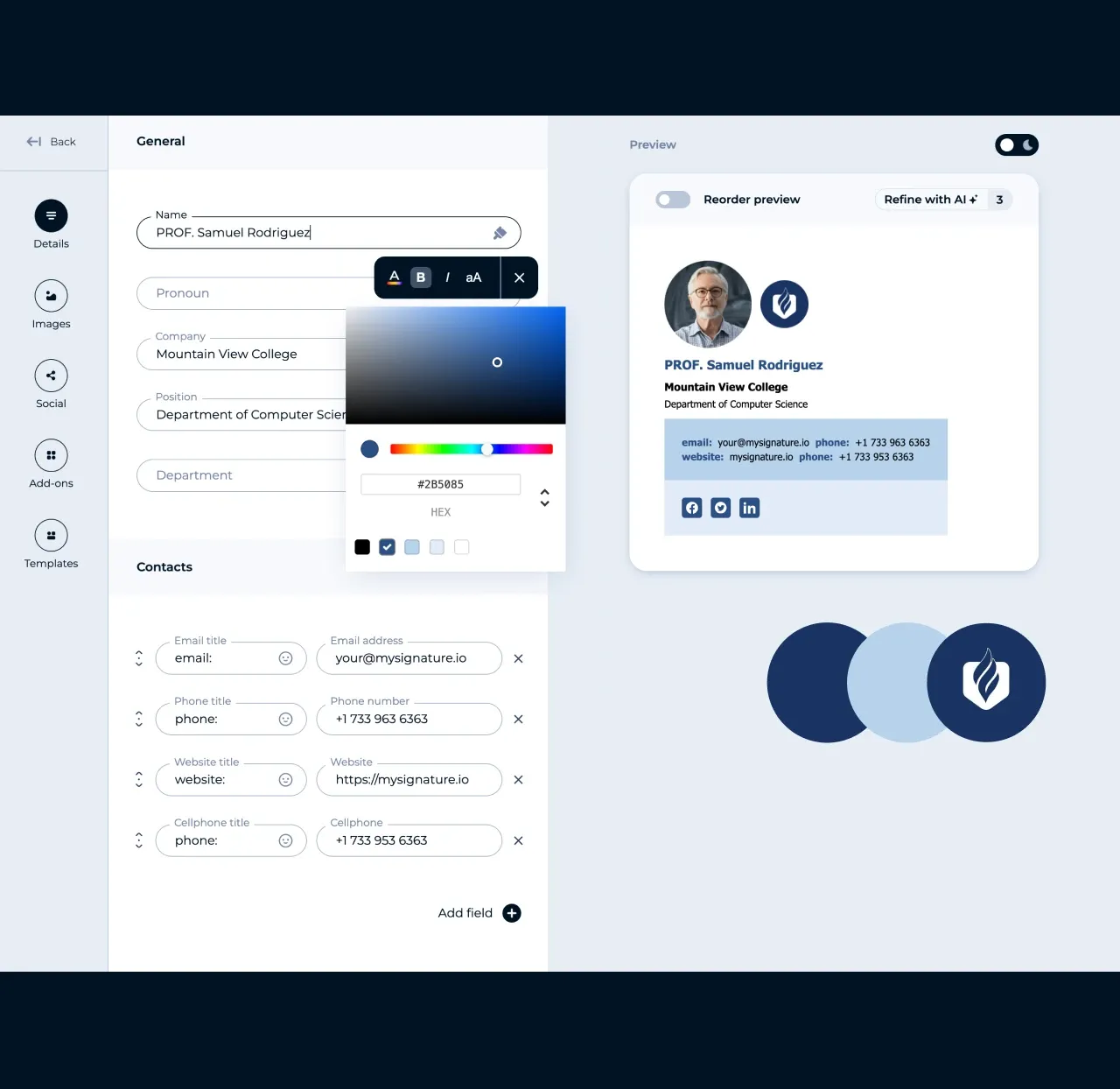 MySignature-Editor: Festlegen einer benutzerdefinierten Namensfarbe in einer E-Mail-Signatur mit dem Farbwähler