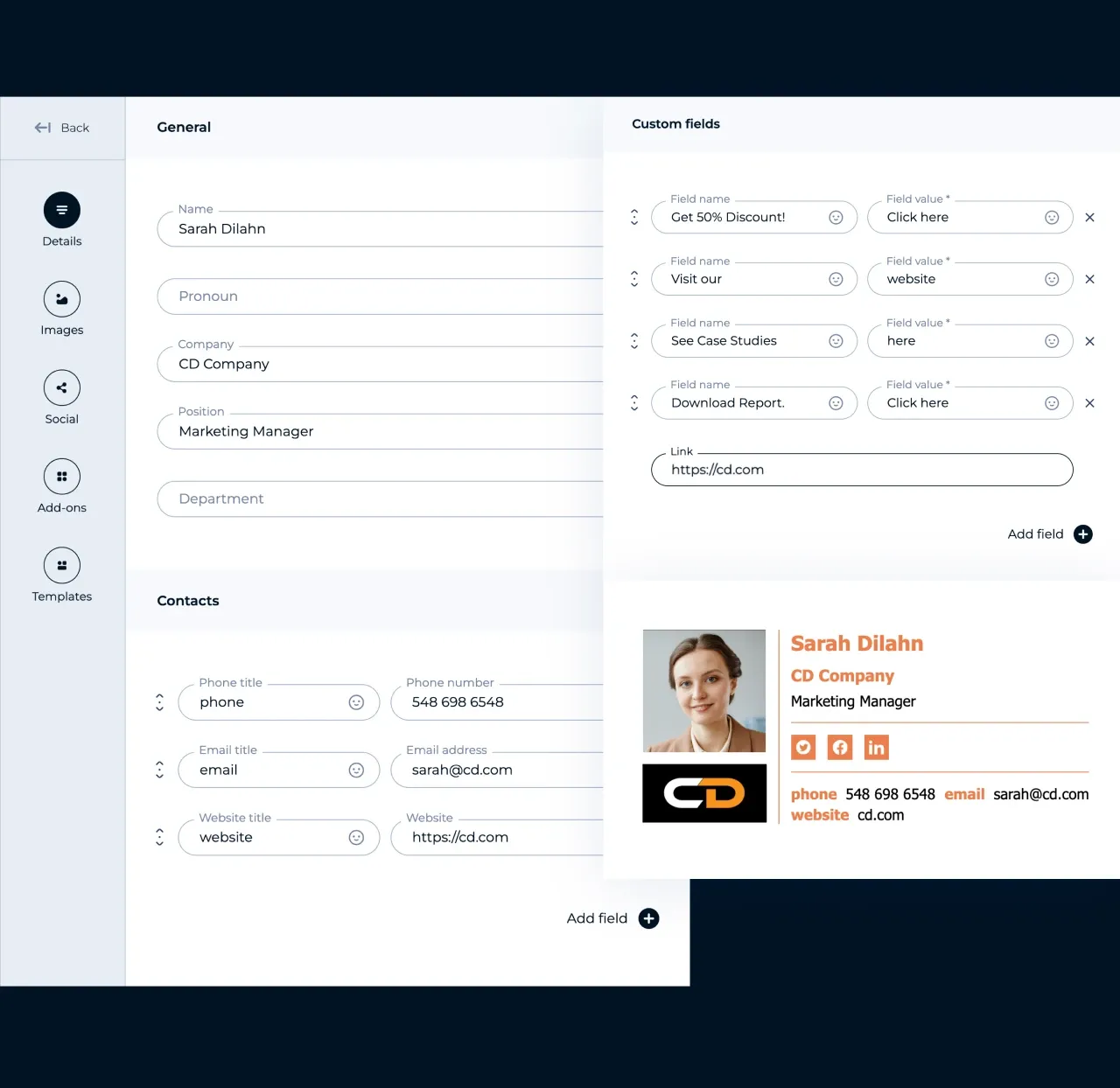 MySignature-Editor: Hinzufügen von Feldern für E-Mail-Adresse, Telefonnummer, Adresse und Webseite zu einer E-Mail-Signatur