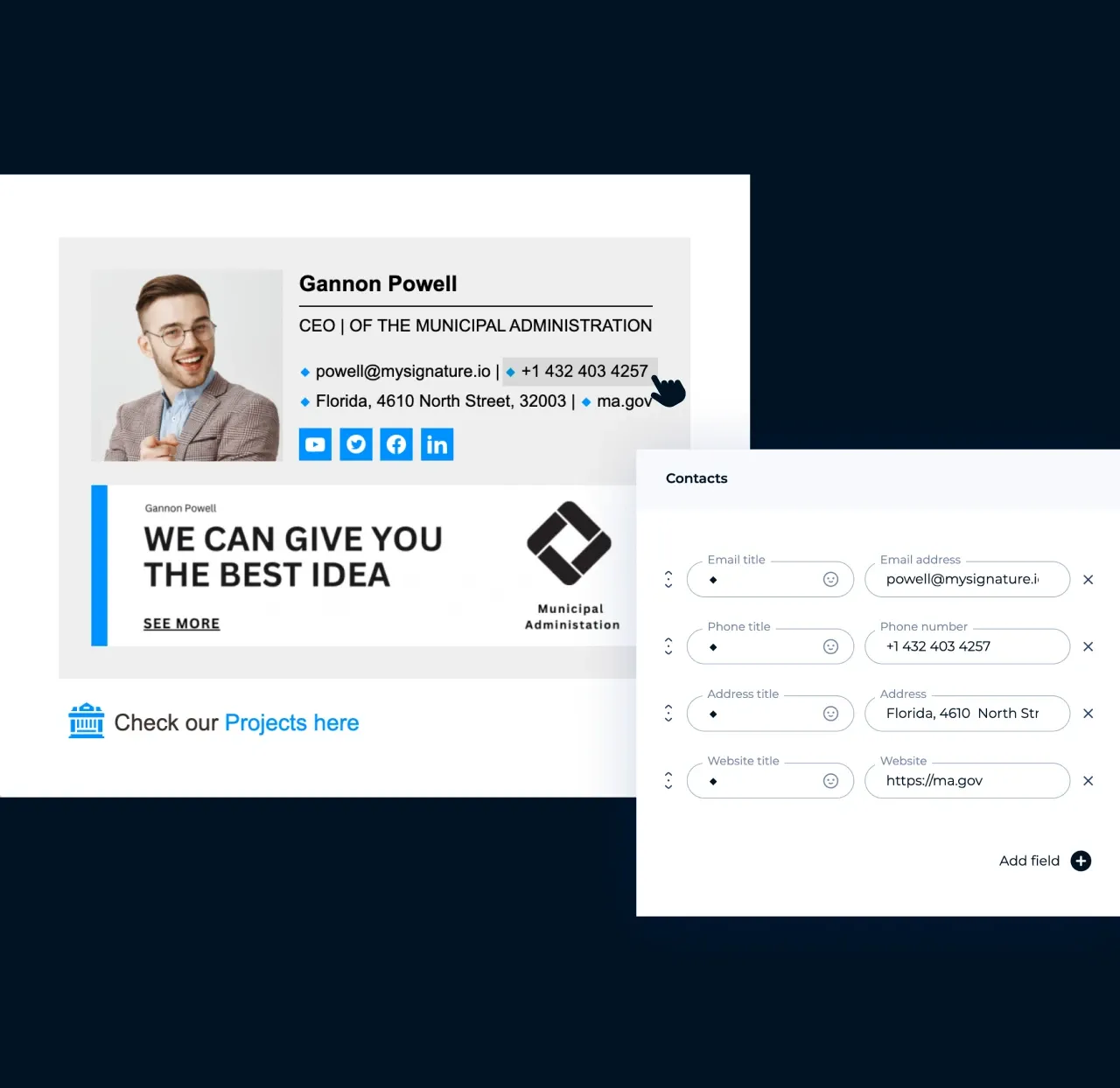 MySignature-Editor: Hinzufügen benutzerdefinierter Felder mit anklickbaren Links zu einer E-Mail-Signatur
