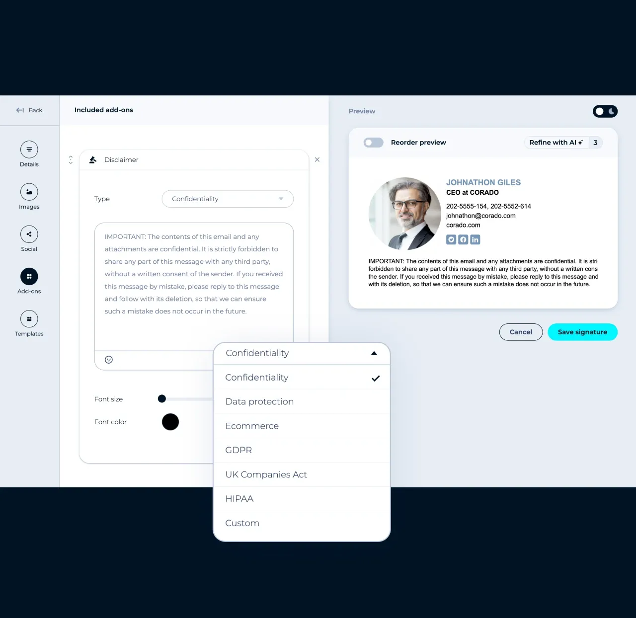 MySignature-Editor: Hinzufügen eines Vertraulichkeitshinweises aus vorgefertigten Haftungsausschlussvorlagen