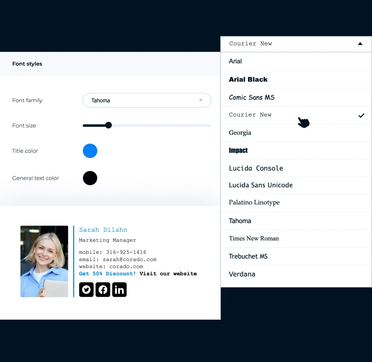 MySignature-Editor: Auswahl der Schriftart und Schriftgröße für eine E-Mail-Signatur
