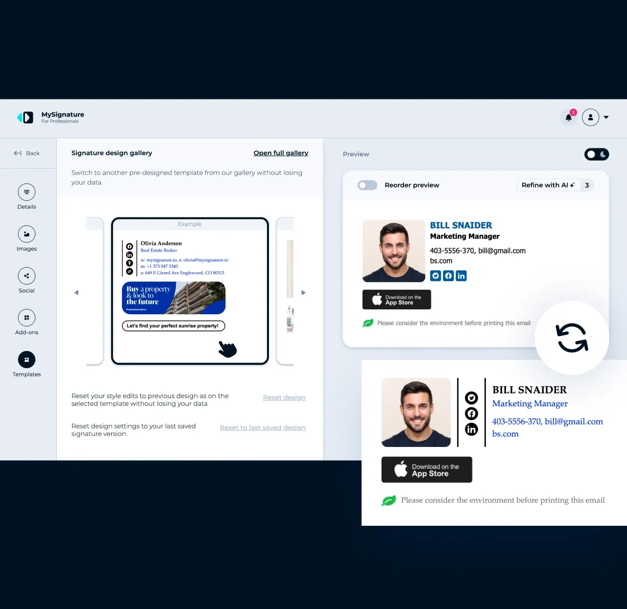 MySignature-Editor: Wechsel zu einer anderen Vorlage aus der Signaturdesign-Galerie, ohne dass Ihre Angaben verloren gehen