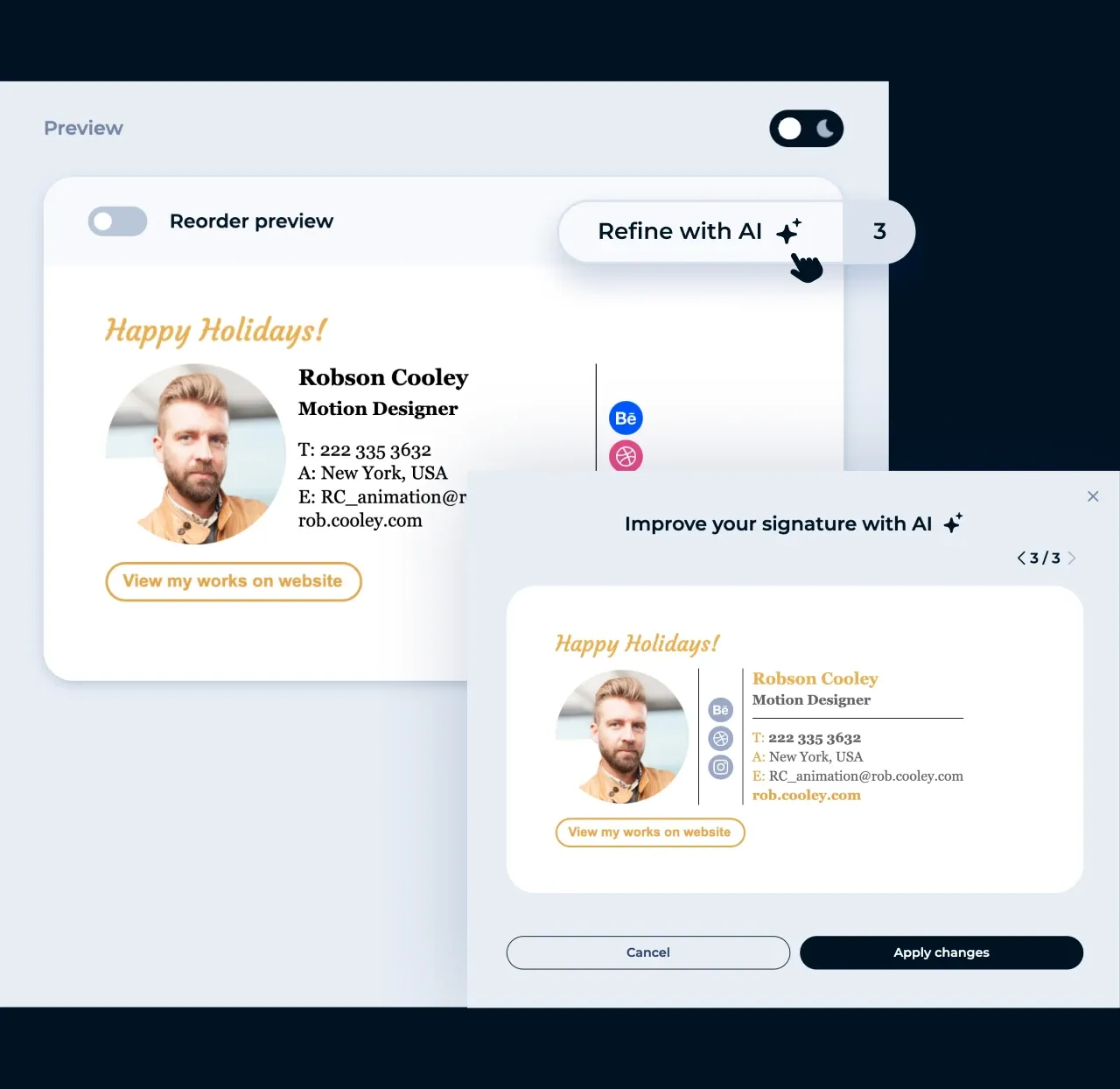 MySignature-Editor: Verbesserung des Designs einer E-Mail-Signatur durch "Mit KI verbessern"