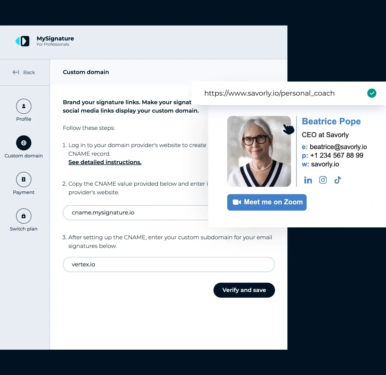 MySignature-Einstellungen: Verknüpfung einer benutzerdefinierte Domain, damit die Links in der E-Mail-Signatur Ihre eigene Marke anzeigen