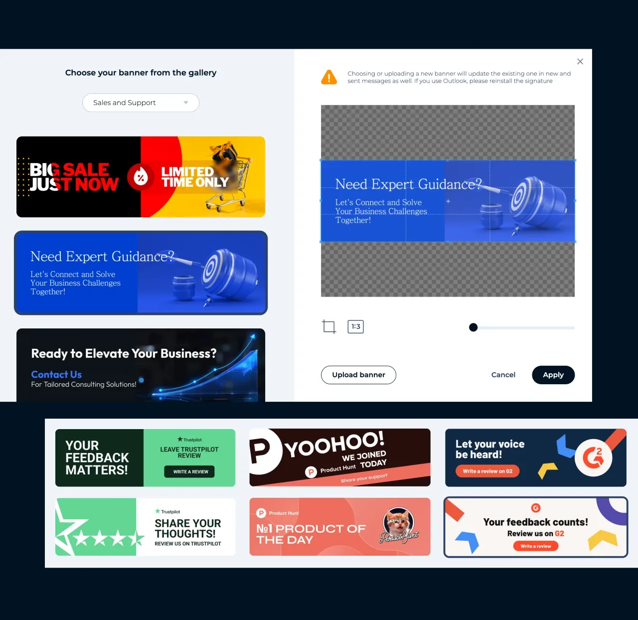 MySignature-Editor: Auswahl eines vorgefertigten Marketing-Banners aus der Galerie und Zuschneiden für eine E-Mail-Signatur